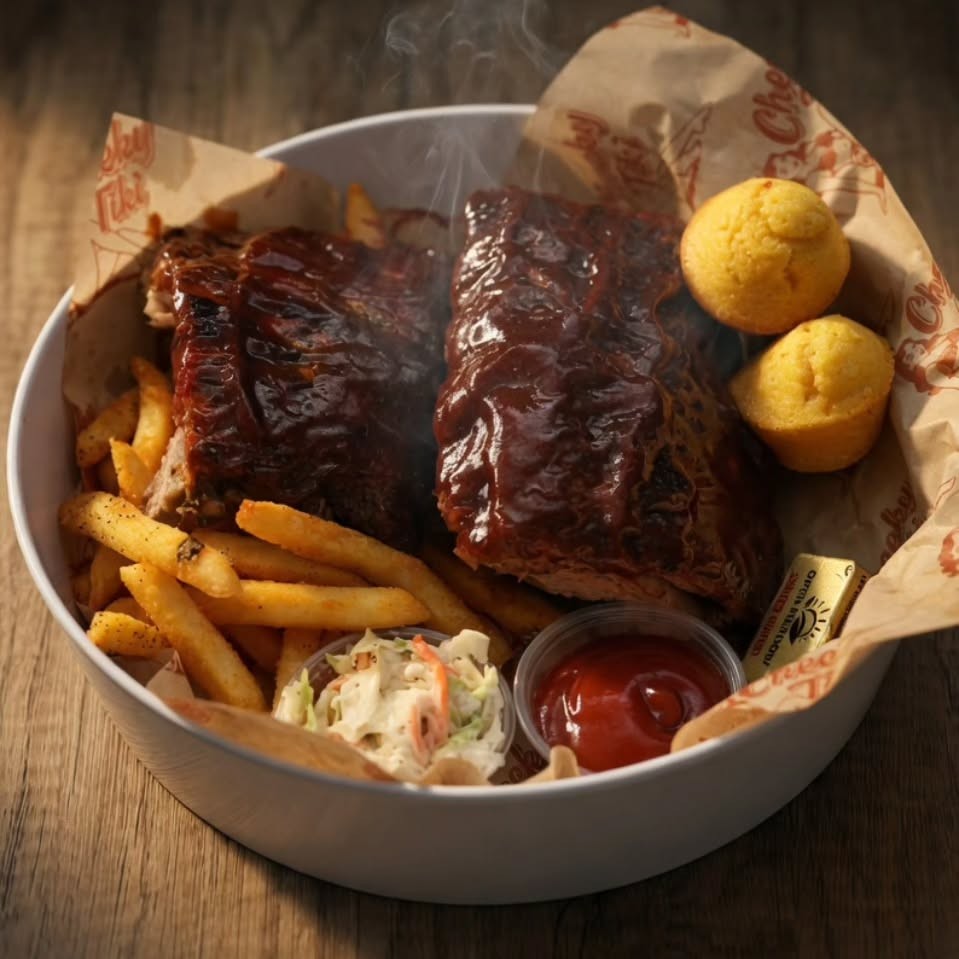Baby back ribs with fries, coleslaw and cornbread