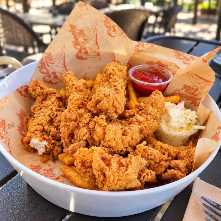 Hand-breaded chicken tenders and fries in a paper-lined bowl